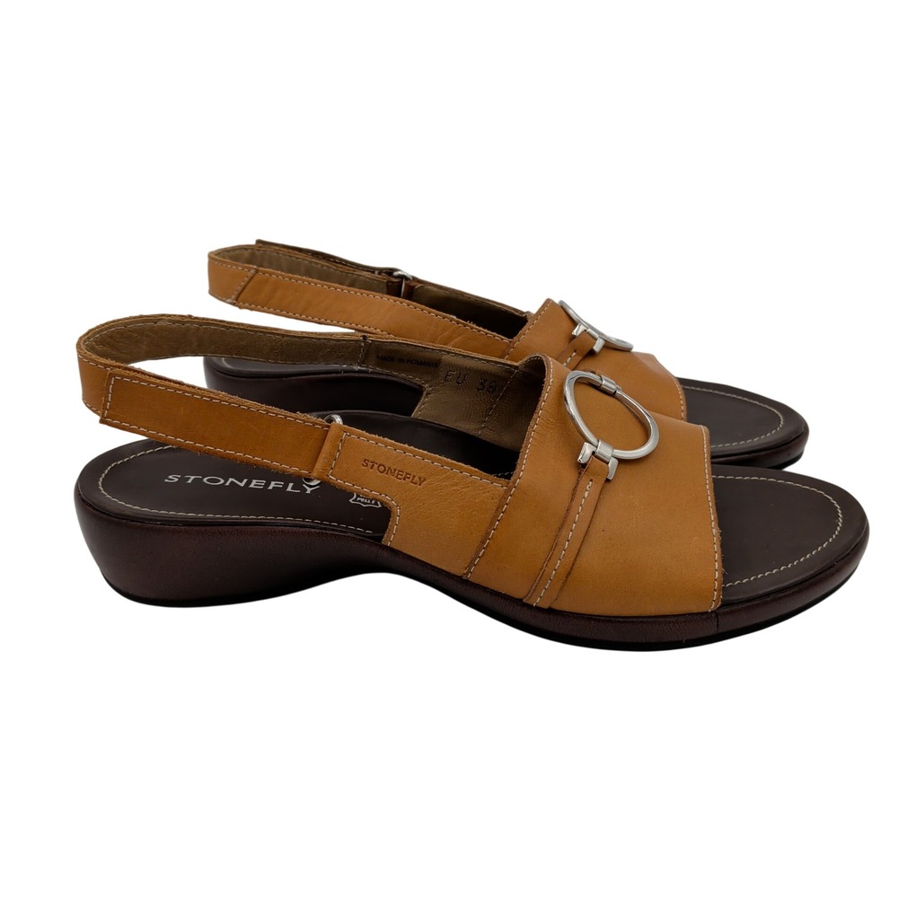 Stonefly Tan Leather Slingback Wedge Sandals Silver Buckle EU 38 Womens Brown